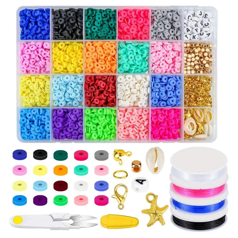 

Flat Round PolymerClay Spacer Beads Kit Charms Elastic String Lobster Clasp Box For Jewelry Making DIY Bracelets Earring Set