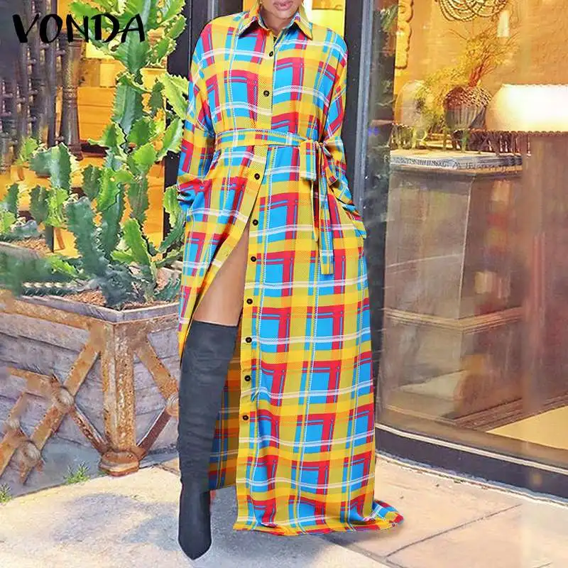 

VONDA Autumn Long Maxi Dress Vintage Plaid Printed Button Up Long Sleeve Party Dresses Femme Loose Sundress Oversized Vestidos