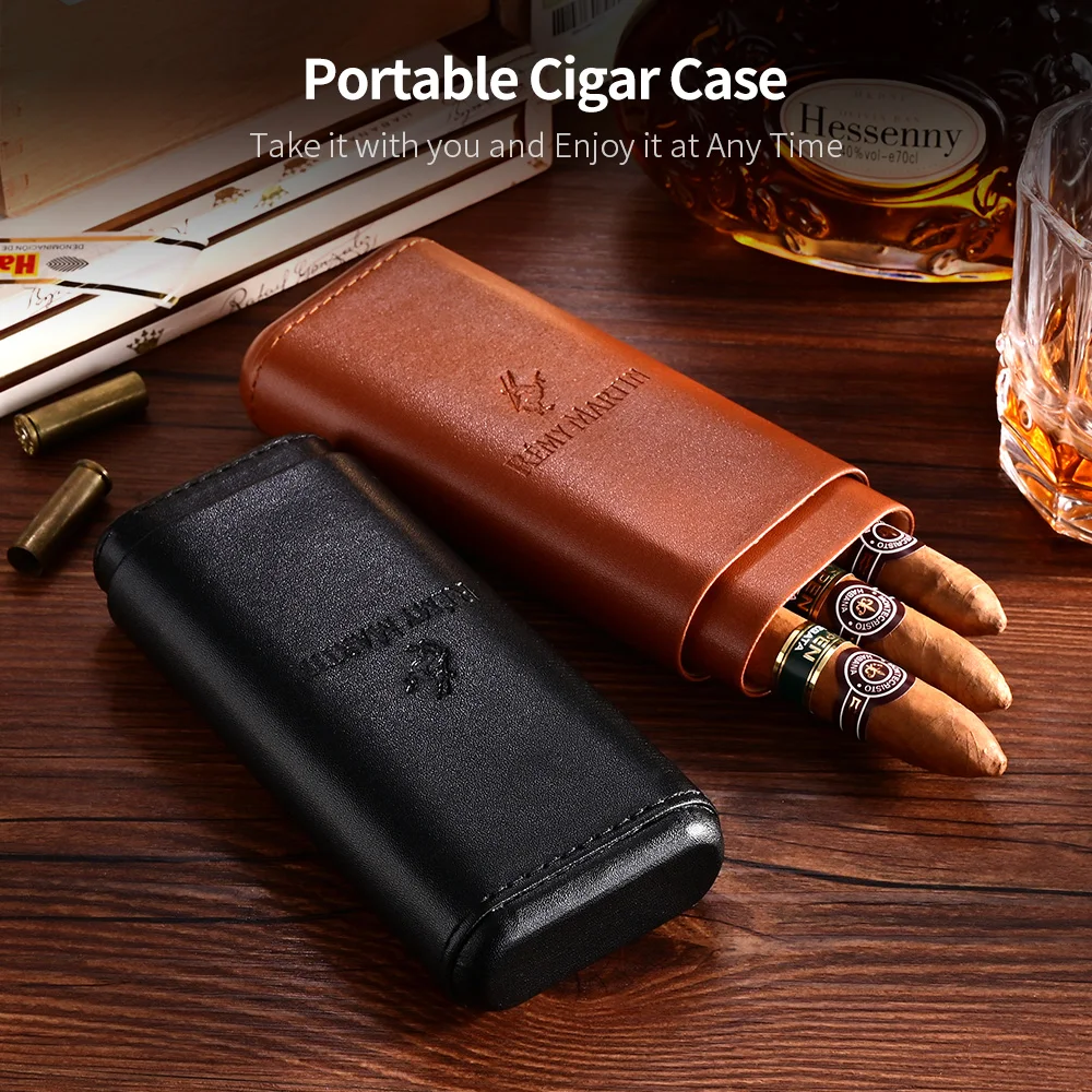 

CIGARLOONG Cigar Case 3 Tube Holder Leather Built-in Cedar Wood Travel Cigars Humidor Box