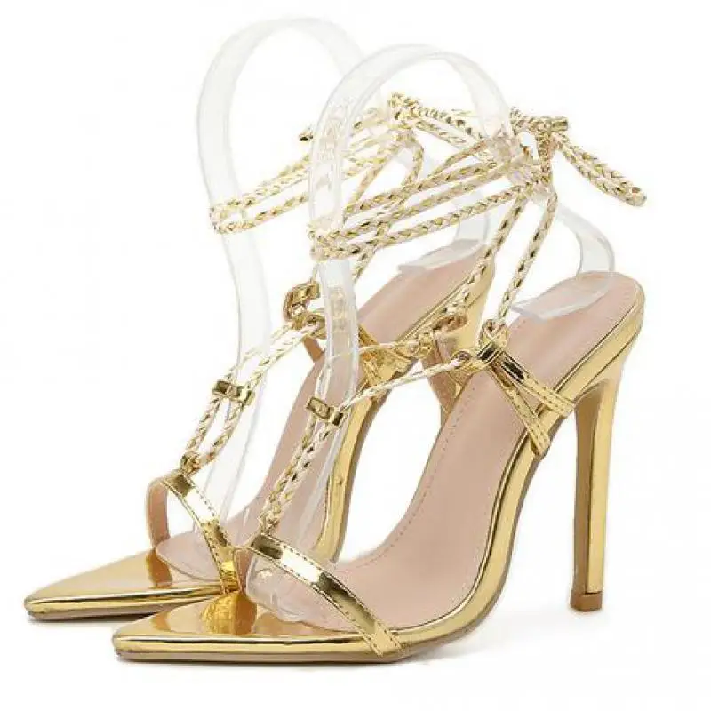 

Handmade Woven Cross Strap High Heels Sandals Women Pointed Toe Fashion Lace-up Thin Heel Lady Shoes Roman Sandalias Femininas