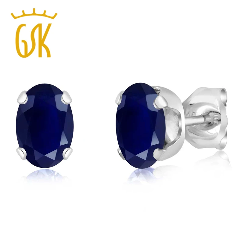 GemStoneKing Классический 925 пробы Серебряные серьги для Для женщин 6X4 мм 1,10 Ct Овальный натуральный голубой сапфир серьги-гвоздики