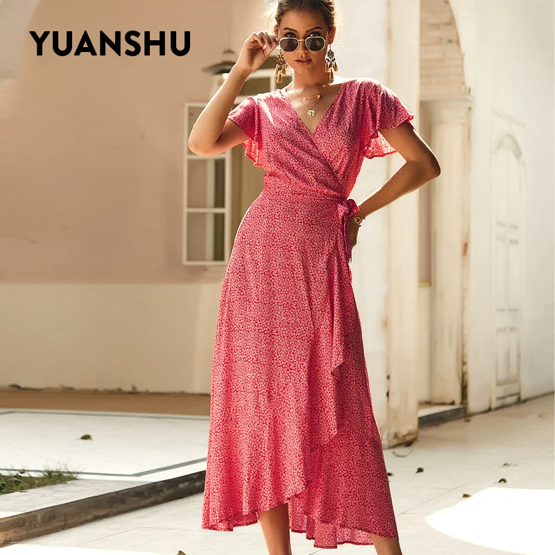 Женское пляжное платье YUANSHU длинное шифоновое с цветочным принтом богемное