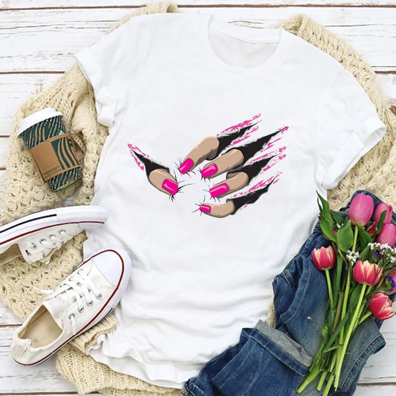 

Women Graphic Funny Fashion Short Sleeve Finger Nail Printed Tshirt Summer Unisex Tshirt Tops Tee Woman Clothing Female T Shirt