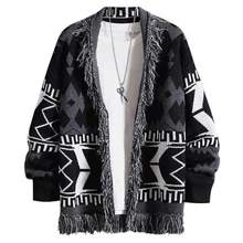 2022 Vintage Men's Sweater Cardigan Coats Casual Street Style Loose Outerwear Printed Knitted Cardig