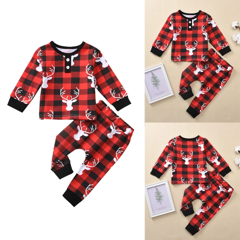 Комплект рождественской одежды для маленьких мальчиков и девочек; детская клетчатая рубашка с героями мультфильмов; комплект со штанами; детская одежда для девочек и мальчиков