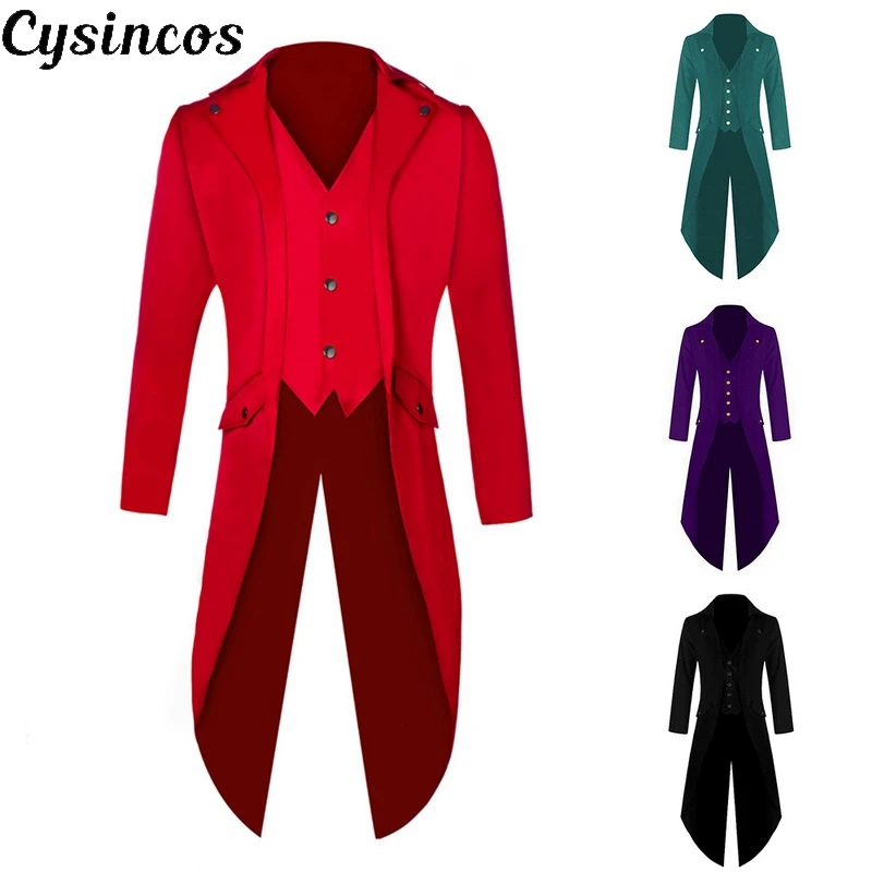 CYSINCOS Мужской винтажный костюм пиджак длинный смокинг стимпанк Ретро фрак