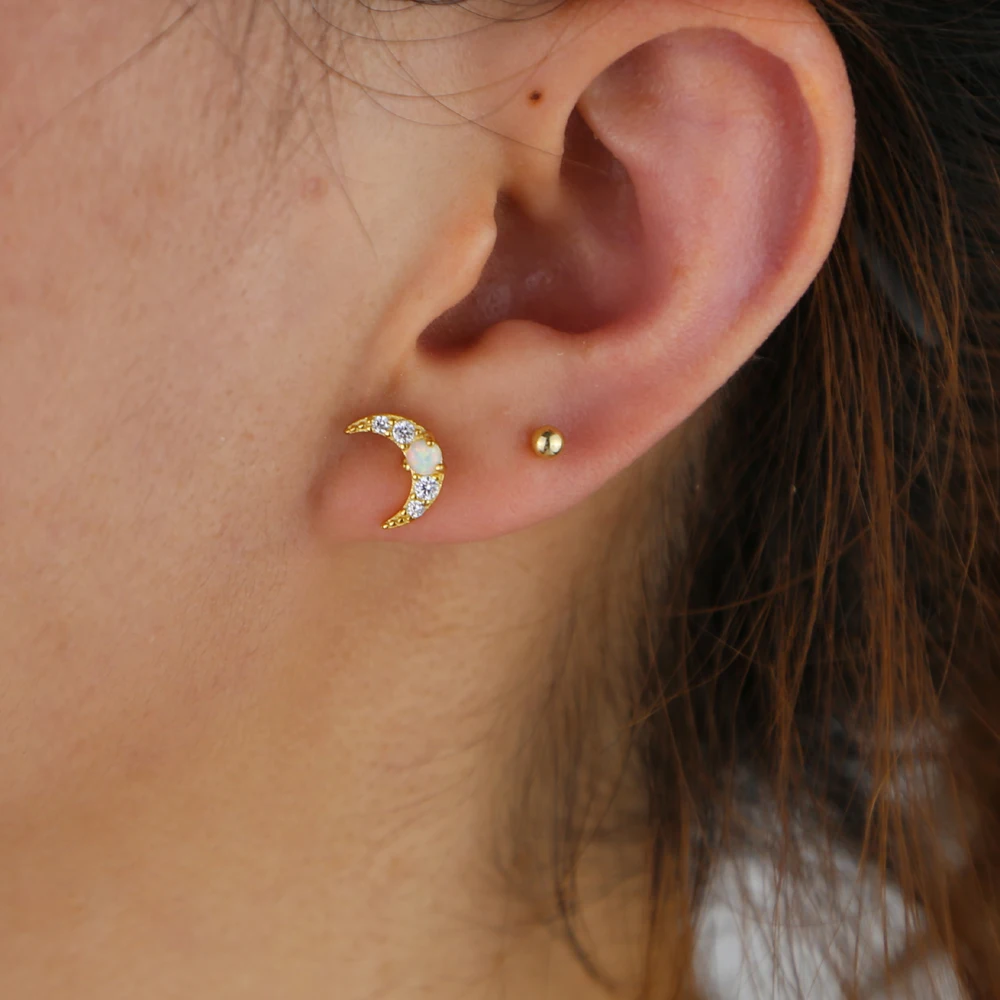 

Gold Vermeil stud 925 Sterling Silver cz opal paved tiny moon star cute lovely stud earring