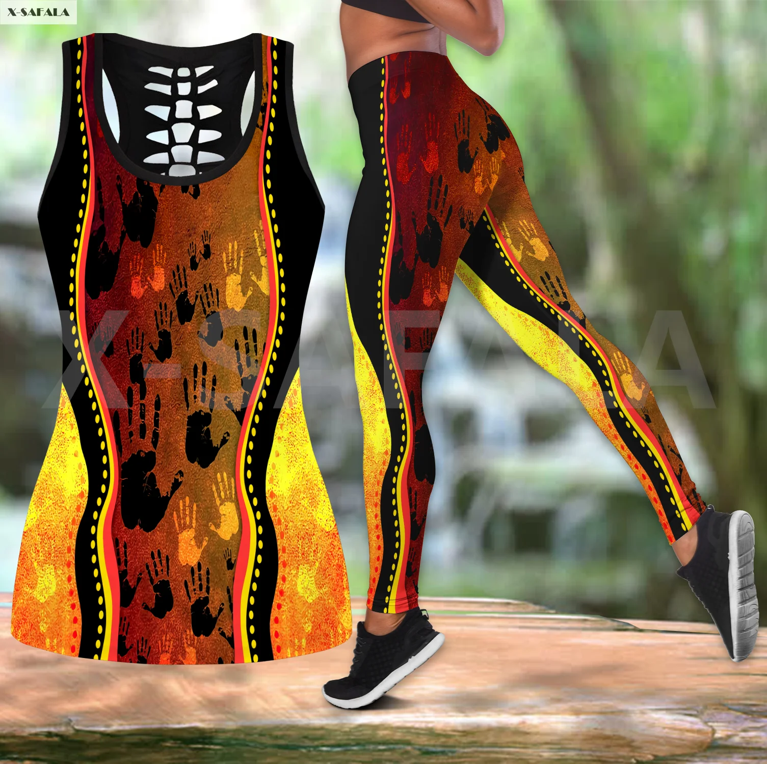 

Small Palm Culture Two Piece Yoga Set Women 3D Print Vest Hollow Out Tank Top High Waist Legging Summer Casual Sport