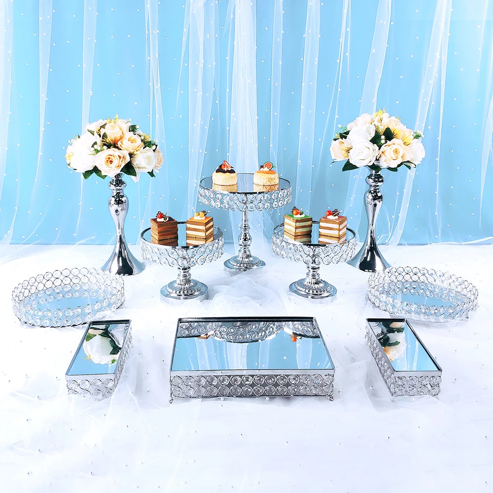 Conjunto de soporte de pastel de plata con cristal dorado, decoraci&oacute;n de magdalenas de metal con base de postre para fiesta, expositor de pastel, nuevo estilo-0