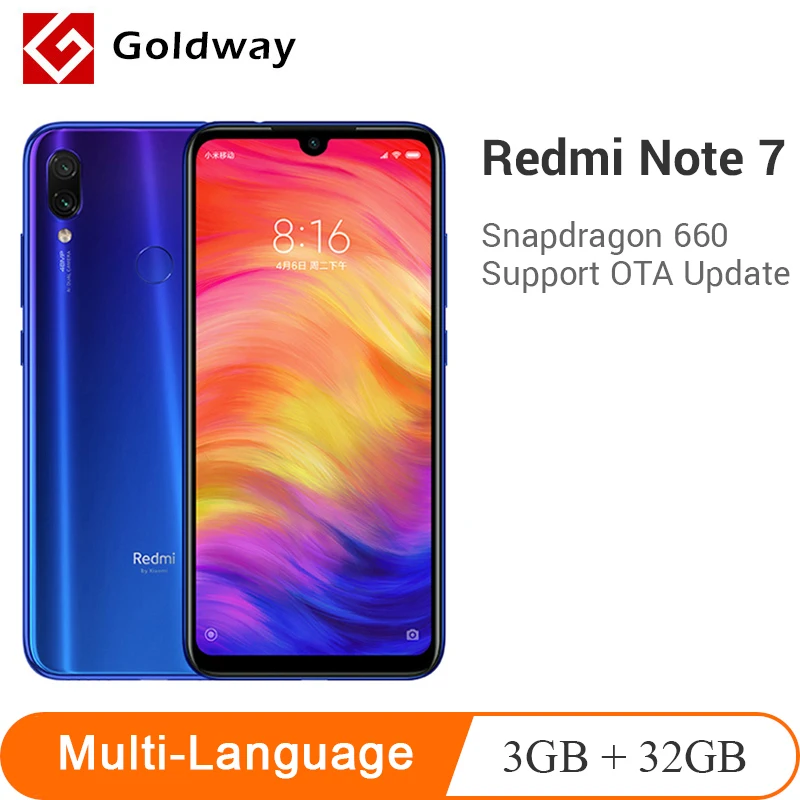 Смартфон Xiaomi Redmi Note 7, 3 ГБ, 32 ГБ, Восьмиядерный процессор Snapdragon 660, 6,3 МП, две камеры AI, 19,5 дюйма, 4000: 9, полный экран, мА/ч