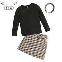 girls long sleeved knitted bottoming shirt houndstooth bow short skirt suit kids boutique clothing wholesale fashion clothes