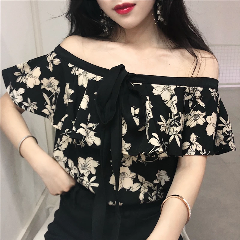 

2021 New Summer Floral Halter Chiffon Tops Cottagecore Sexy Off Shoulder Slash Neck T-Shirts Female Slim Floral Print Tops Women