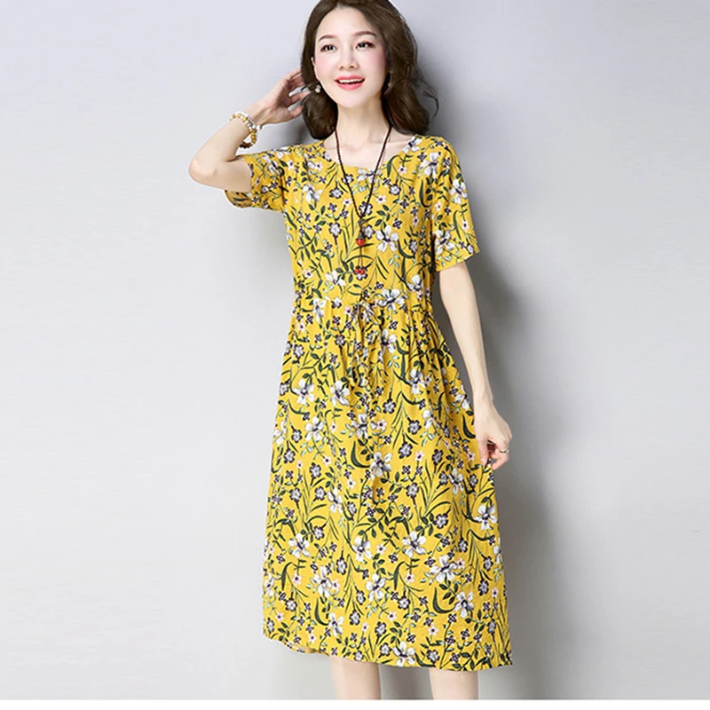Женское платье с коротким рукавом и круглым вырезом из хлопка льна повседневное