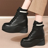 casual shoes women lace up cow leather wedges high heel ankle boots female knitting round toe fashion sneakers platform oxfords