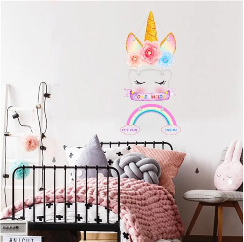 Красочные радужные наклейки на стену в виде единорога для детской комнаты