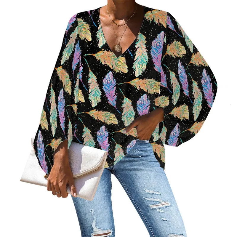 

Women Elegant Chiffon Shirt Feather Pattern Womens Tops and Blouses Plus Size Shirts Peacock Print Casual Clothes for Ladies