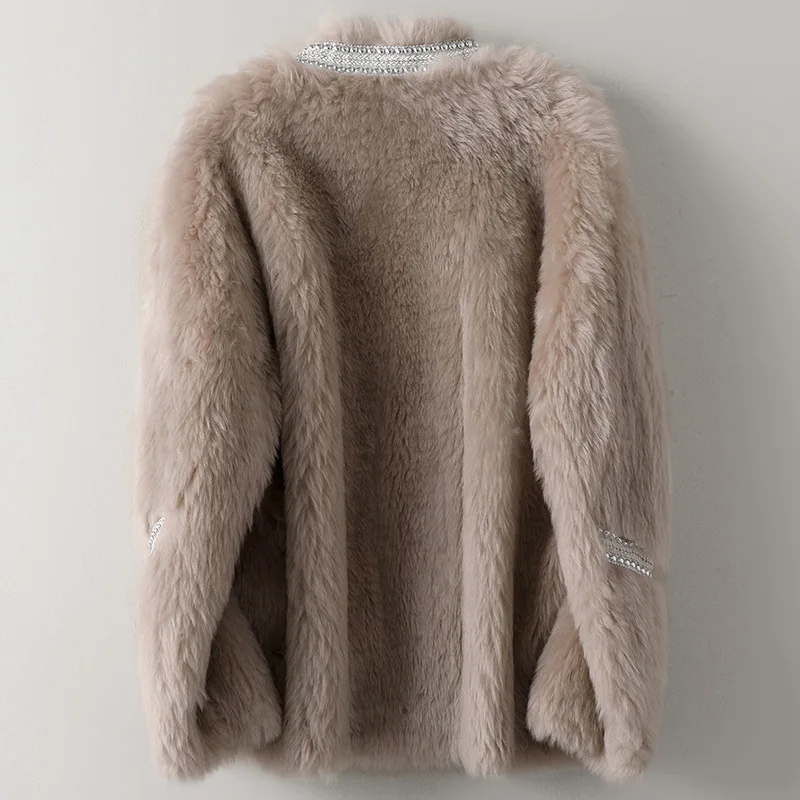 

Winter High Quality Sheep Sheared Cashmere with Beading New All Wool Fur Fragrance Beige Coat V-Neck Jacket Belt Thick Warm