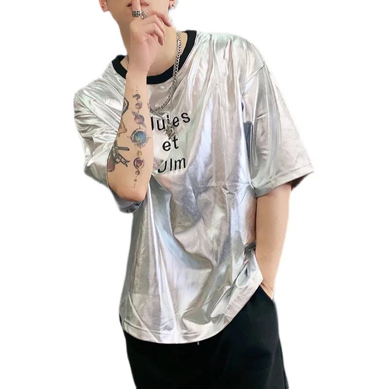 

M-XXLSilver cool short-sleeved T-shirt nightclub trendy male hairdresser short-sleeved T loose T-shirt performance serviceSilve