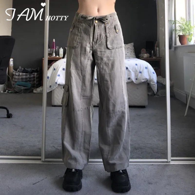 

Lace Up Low Waisted Wide Leg Cargo Pants Women Grey Casual Baggy Denim Trousers Vintage Jeans Grunge Bottoms Streetwear Iamhotty