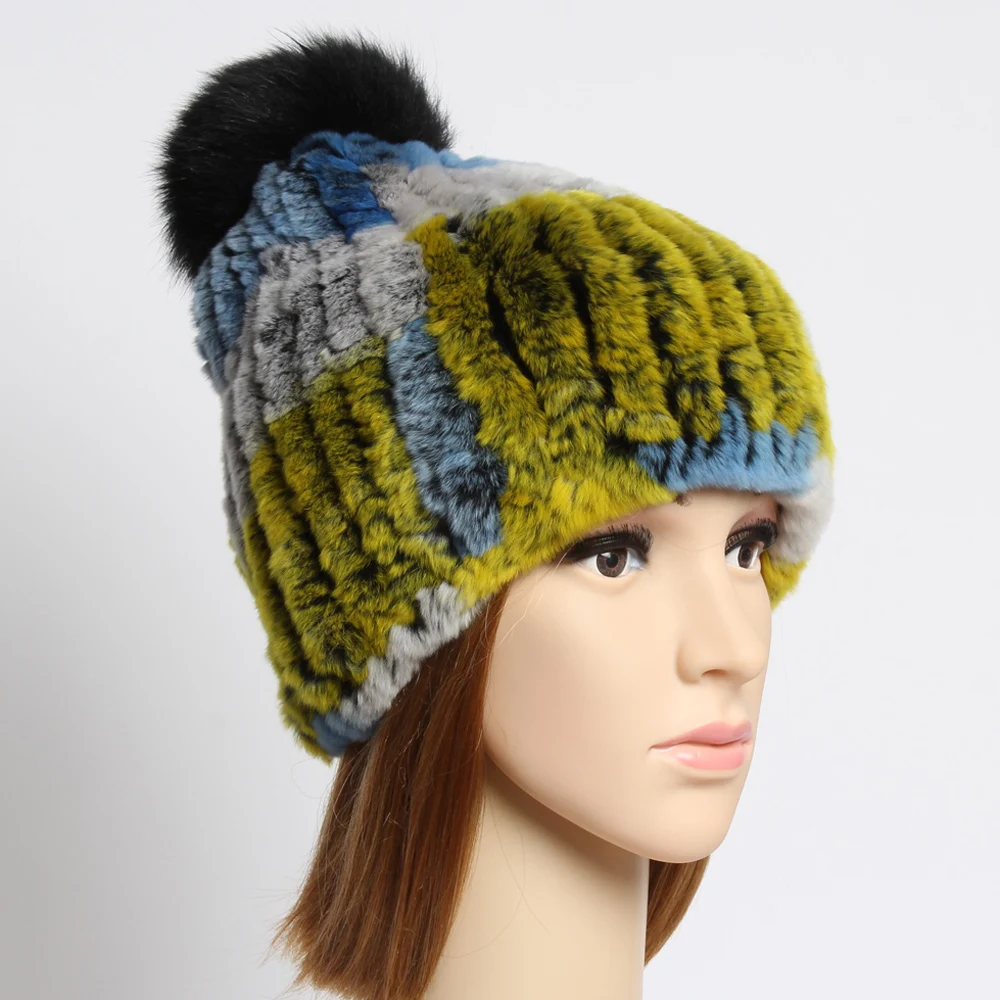Женская вязаная шапка из натурального меха кролика Рекс зимняя высокая