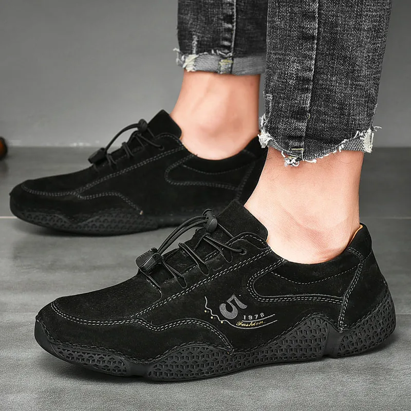 Мужские кожаные кроссовки на резиновой подошве с нескользящей подошвой в стиле