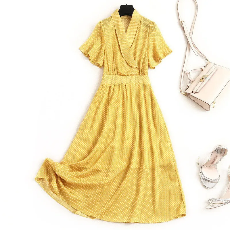 

Fashion Dot Print Chiffon Dress Summer 2020 New Designer Short Sleeve Casual Aline Midi Yellow Dress Female Vestidos