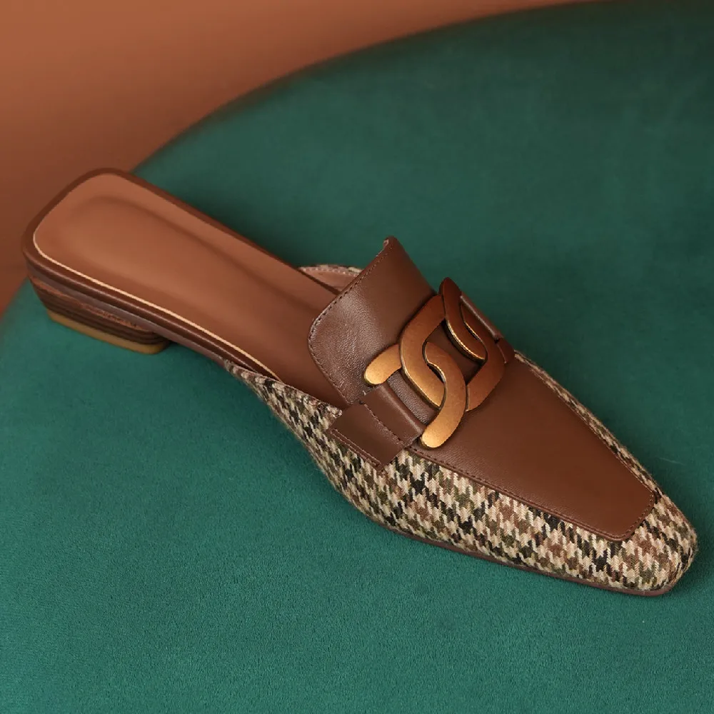 

Women's genuine leather fabric patchwork square toe slip-on flats mules leisure soft comfortable summer slides casual daily shoe