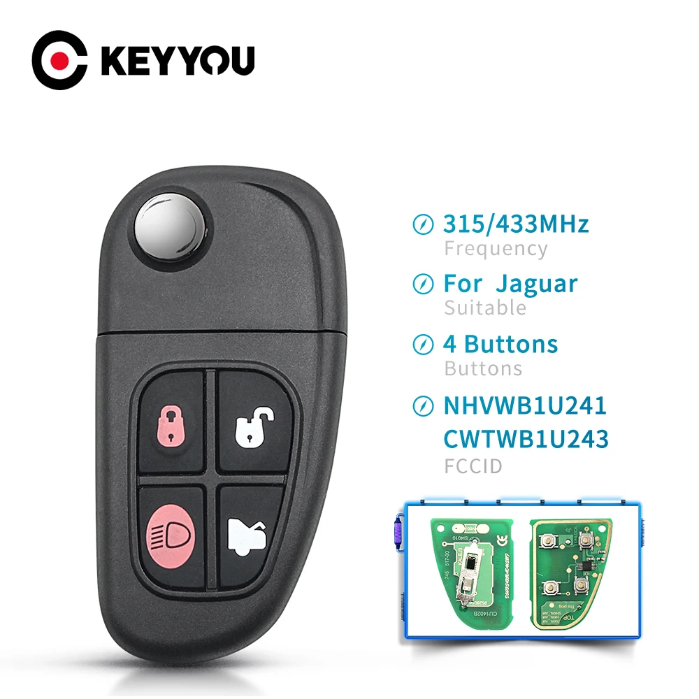 

KEYYOU для Jaguar 4 кнопки дистанционный Автомобильный ключ 2002-2008 433 МГц 4D60 чип для Jaguar X-Type S-Type 1999-2009 XJ XJR с батареей