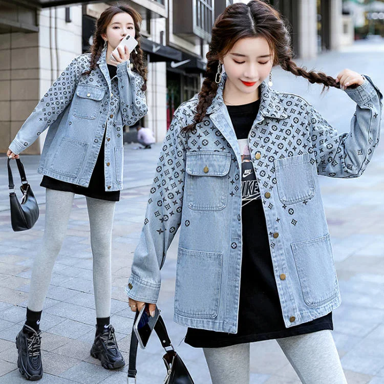 Осень 2021 новая Повседневная джинсовая куртка с принтом Женский Топ |