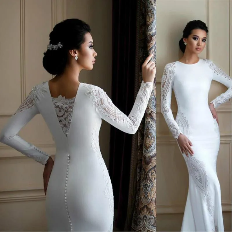 

2022 Modest Long Sleeves Lace Mermaid Wedding Dresses Satin Appliqued Trumpet Dress Bridal Gowns Plus Size Vestidos De