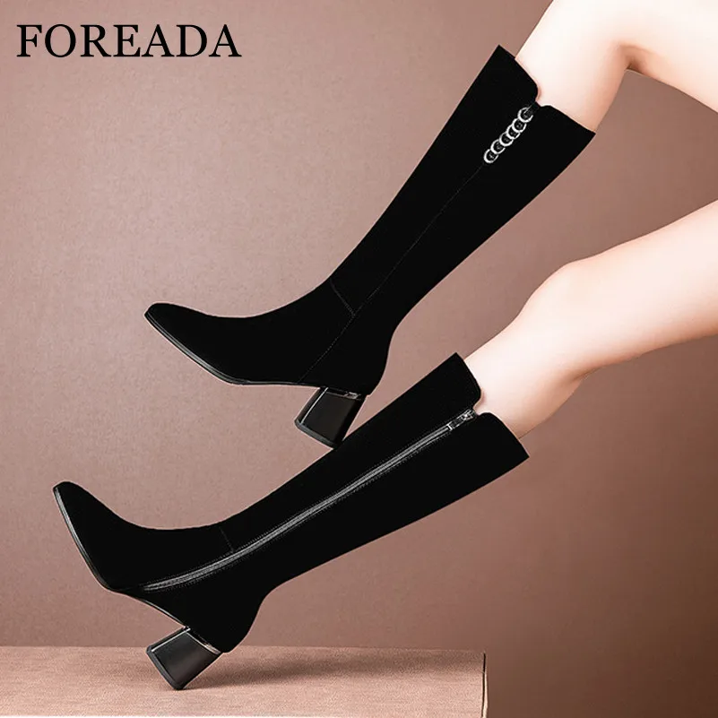 

FOREADA Natural Genuine Leather Knee High Boots High Heel Women Boots Chunky Heel Long Boots Zip Pointed Toe Ladies Shoes Black