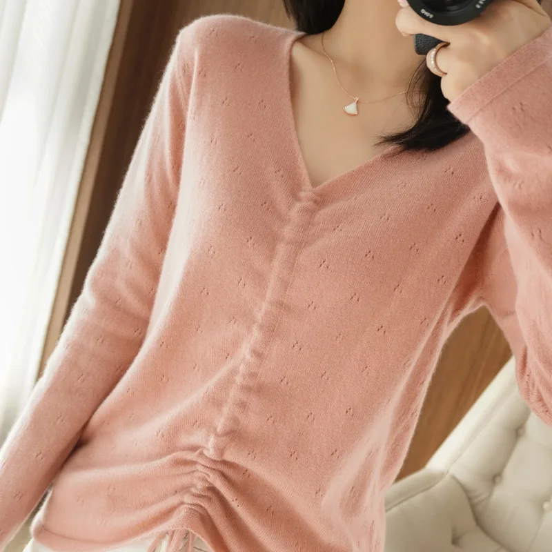 

LHZSYY2020 Pure Cashmere Sweater Women V-Neck All-match Pullover Short High-End Long-Sleeved Slim Cashmere Drawstring Knit Shirt