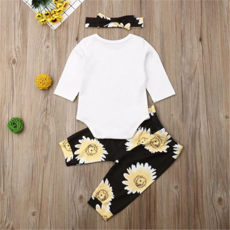 3pcs Newborn Clothes Set Bee Kids Letter Bodysuit Baby Rompers Outfits Sunflower Long Pants Hairbands Girls | Детская одежда и