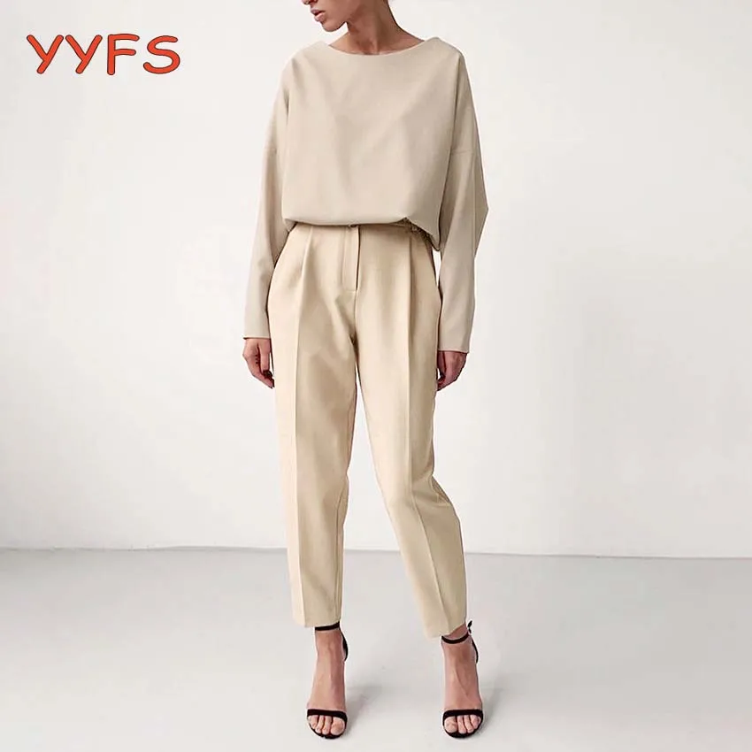 Брюки женские с высокой талией повседневный свитшот офисный комплект из 2