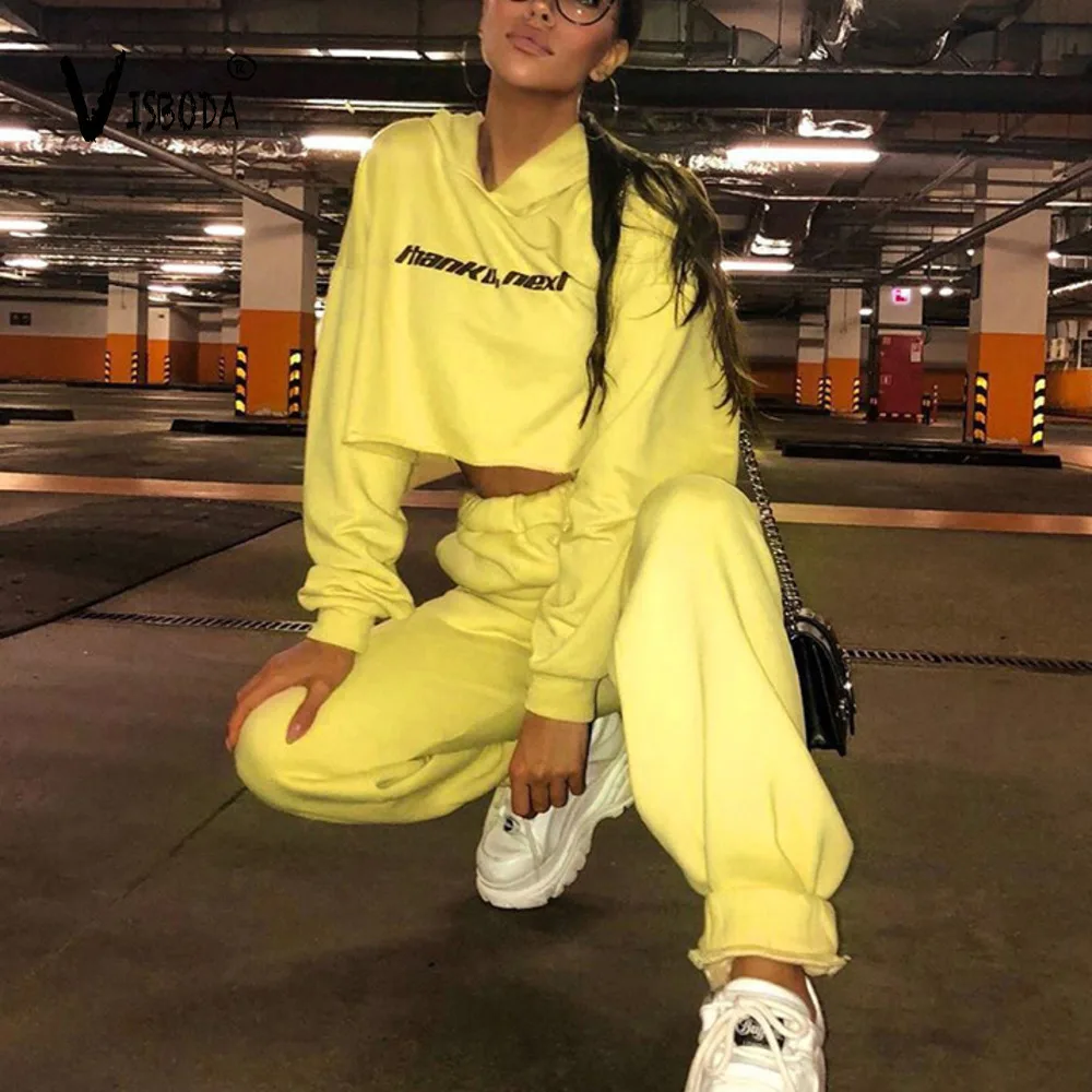 Желтый спортивный костюм женский комплект 2 шт. свободные кроп толстовки