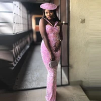 glitter pink sequins prom dresses with straps mermaid women long party gowns aso ebi style custom made 2021