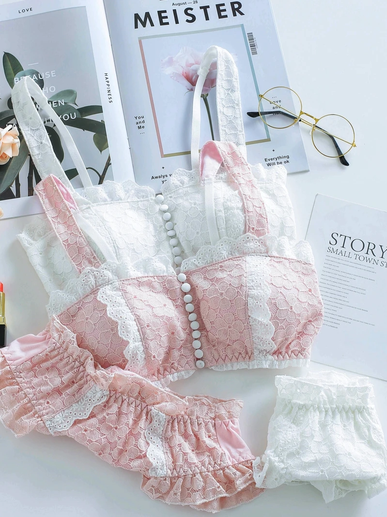 Japanese Girl Lolita Button Front Button Cotton Lace Tube Top Bra Set White Kawaii Retro Sweet Style No Steel Ring Underwear
