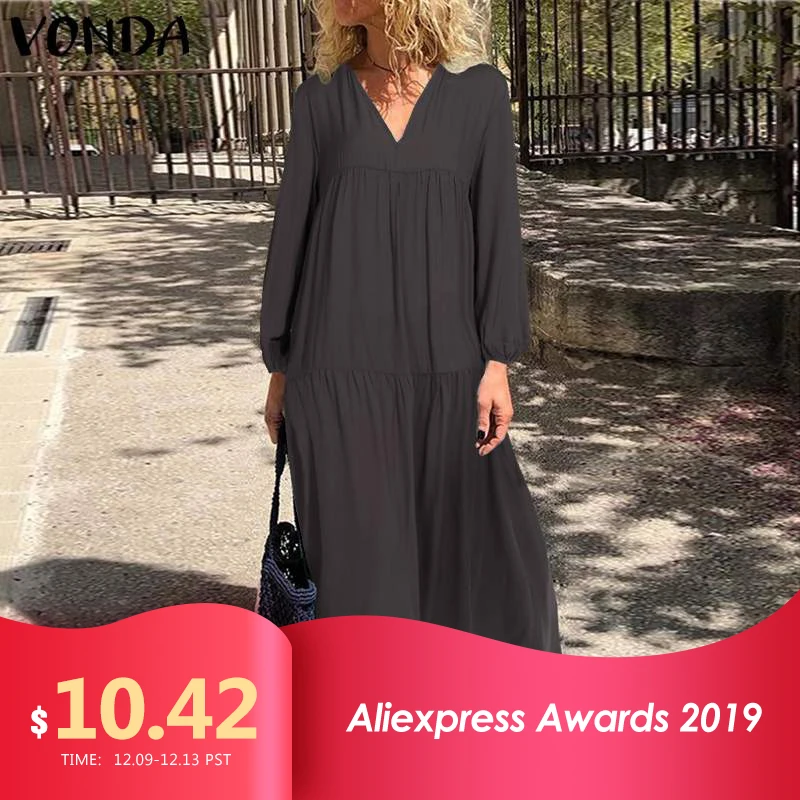 VONDA, женское осеннее платье с длинным рукавом, повседневное, свободное, сплошное, богемное, v-образный вырез, сексуальные платья, для вечеринки, Vestidos, макси, длинное платье, Femme
