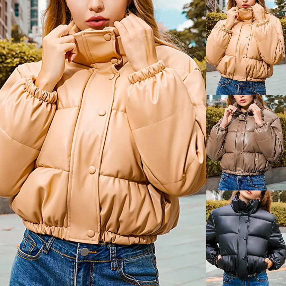 Comfy  Casual Solid Color Stand Collar Thick Jacket Women Winter Coat Stand Collar   for Daily Wear