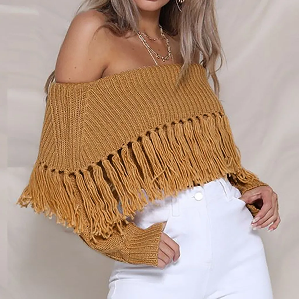 Women Sexy Solid Sweater Autumn Off Shoulder Slash neck Casual Tassel Pullover Long Sleeve Loose Sweaters Blouse Tops | Женская одежда