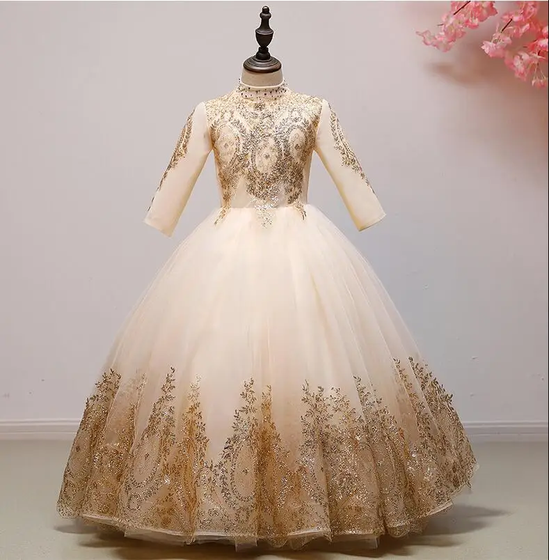 Золотое кружевное платье с блестками для маленьких девочек на 1 год день рождения