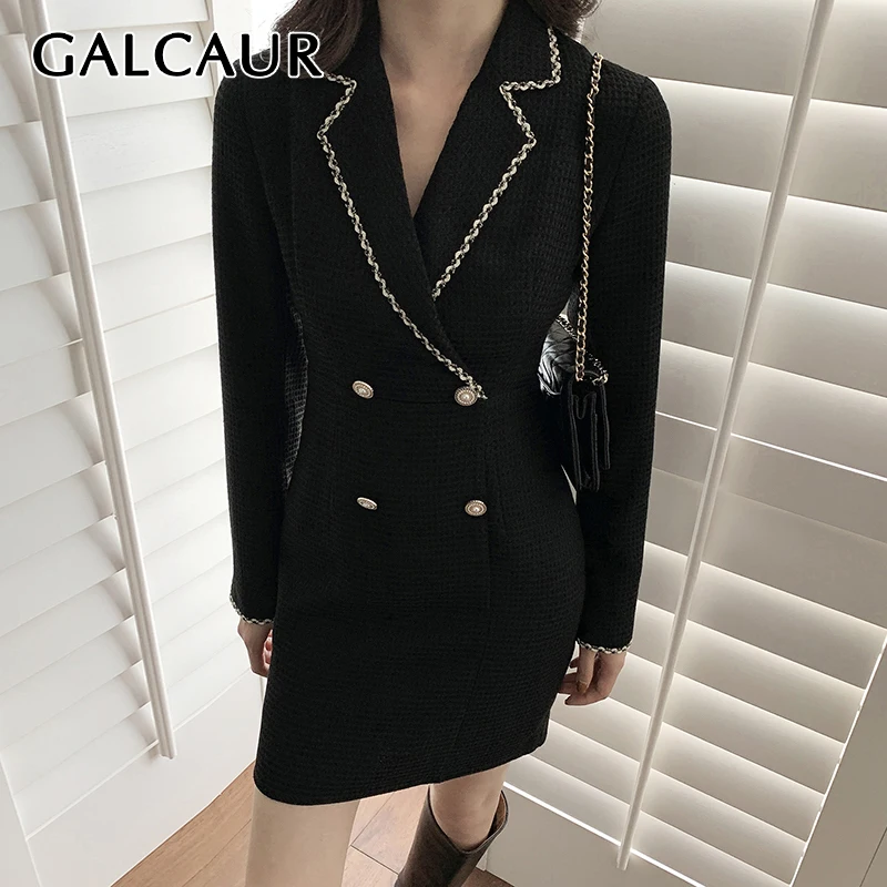 

GALCAUR Korean Fashion Black Dress For Women Notched Collar Long Sleeve Solid Mini Dresses Female Autumn Clothing 2021 New Style