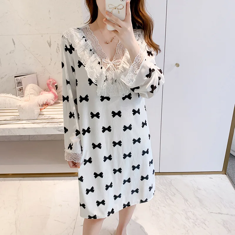 

Autunm Homewear Intimate Lingerie Bow Casual Lovely Home Clothing Nightdress Long Sleeve Velour Nightgown Sexy Short Sleepwear