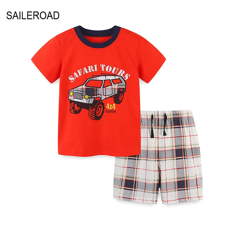 

SAILEROAD Summer Children's Clothes Boy Cartoon Cars T shirts+Pants Kids Short Sleeves Clothing Set Teens Tracksuit