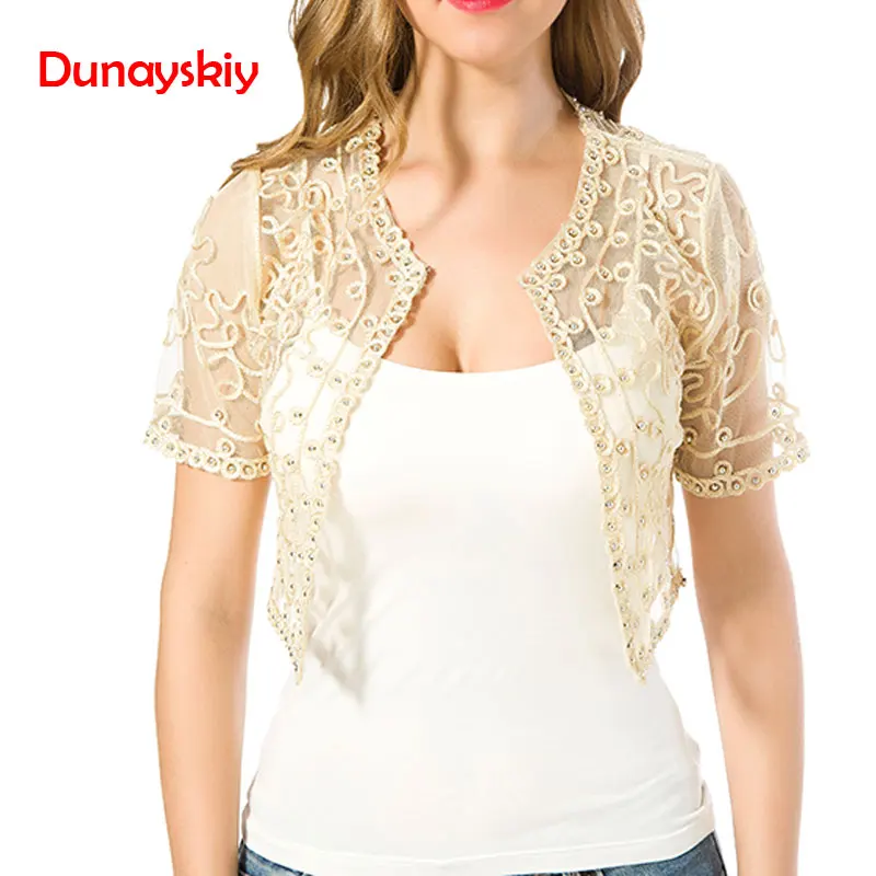 

Women Hollow Out Lace Boleros Basic Coat Summer Style Women Perspective Shawl Fashion Short Sleeve Coats Jackets Female