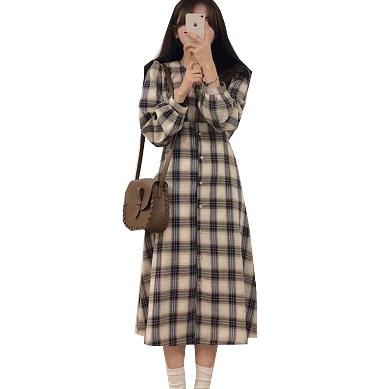 

Vintage Autumn Women Plaid Dresses High Waist Female Dress Long Sleeve V-Neck Ladies Girls Long Dress Fashion Women's Dresses