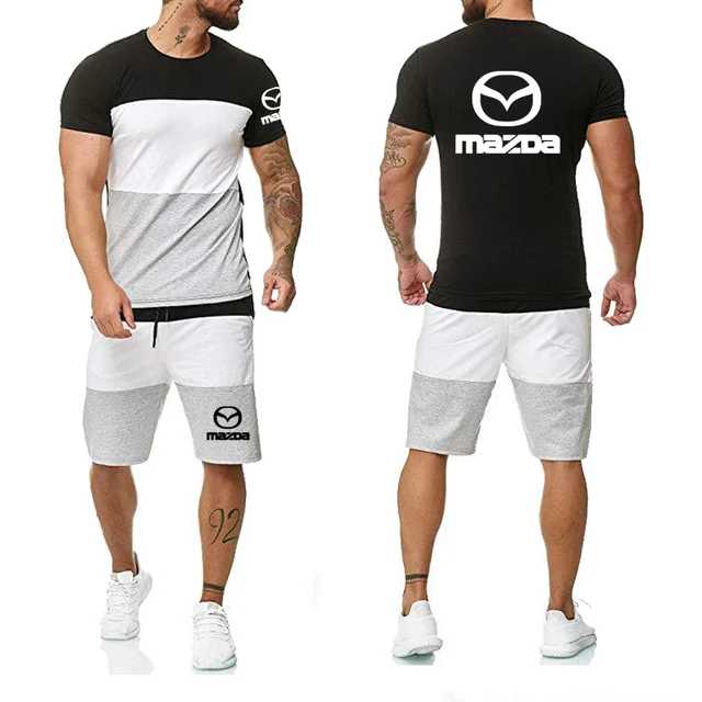 

New Fashion Summer Men T-Shirts Mazda Car Logo Print Shor Sleeve Casual Cotton Round Collar Men T-shirt+shorts 2pcs suit