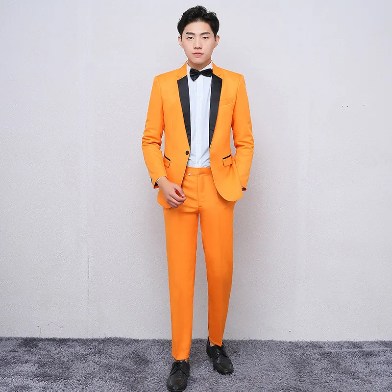 

HOHO 2020 Men Joint Collar Slim Fit Casual Suit Youth Orange New Style Suit Set Two Pieces