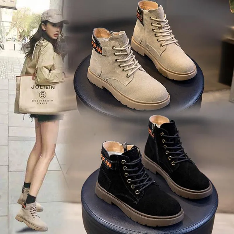 

Autumn and winter 2020 new short boots Nubuck leather women boots Round head lace up motorcycle boots women casual ankle boots