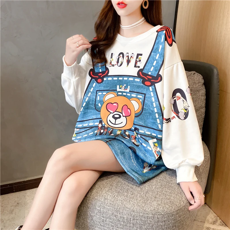 

2021 Bib Print Hoodies Women Fall Wear Long Sleeves Bear Hoodie Loose round Neck Pullover Top Hoodies Sweatshirts Tops Sudaderas